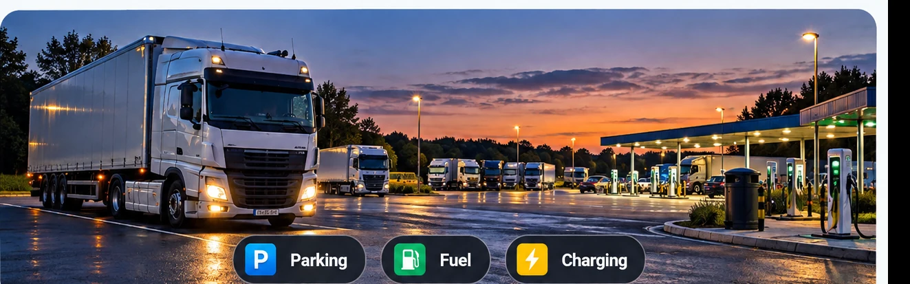 Unbranded HGV parking, fuel and charging stop at dusk